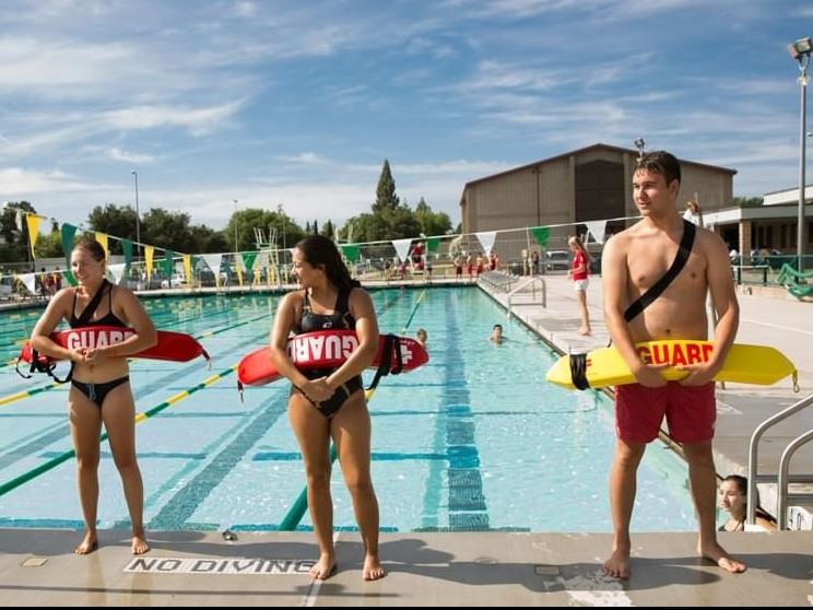 Lifguards in front of pool
