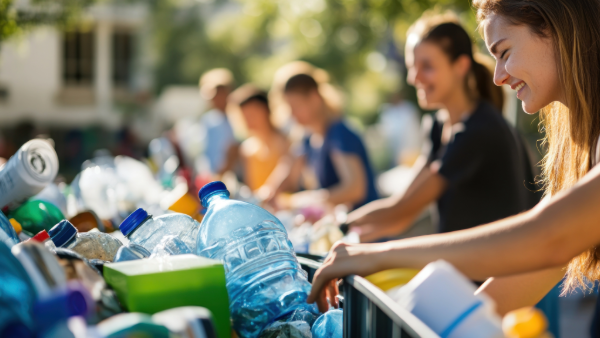 Smiling teenagers push forward various carts filled to the brim with plastic water bottles.
