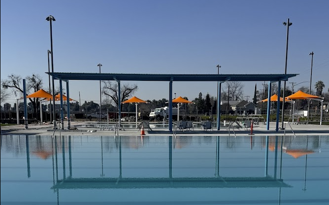 Photo of Woodland Aquatics Center competition pool taken facing west